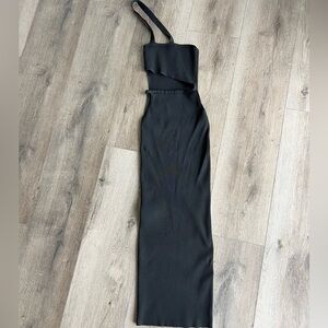 open lace back dress Black One Shoulder Long Sleeve Maxi Dress With Slit main image 1